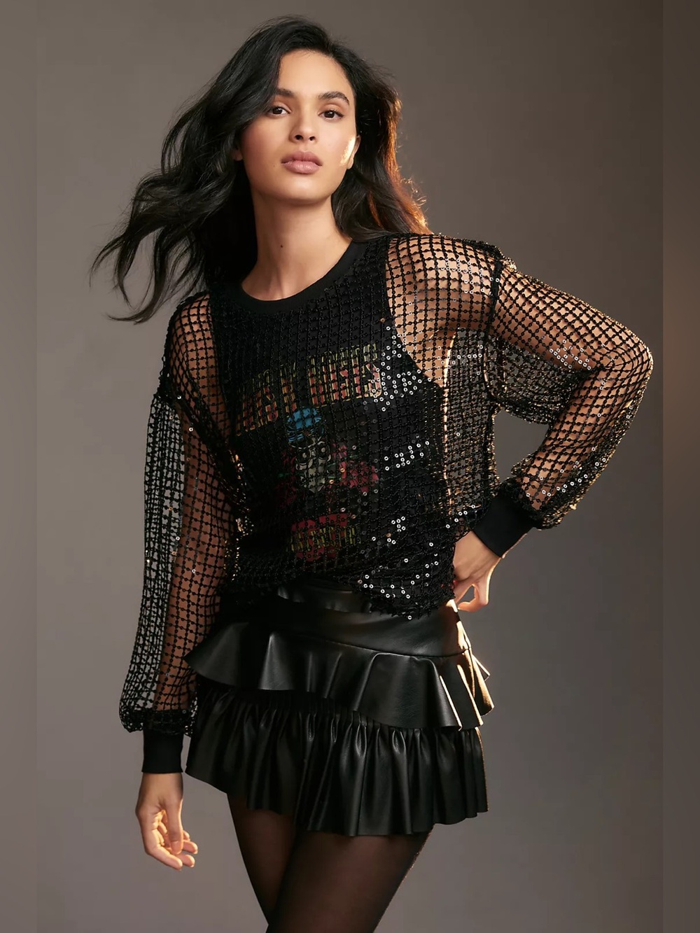 Pilcro Guns N’ Roses sequined see through mesh overlay long sleeve black XS